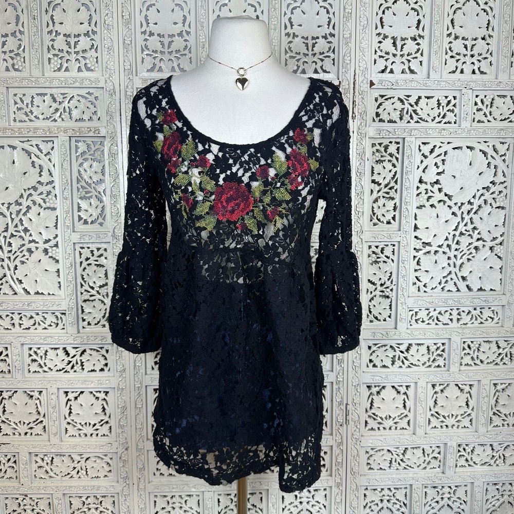 Black Lace Rose Floral Sheer 3/4 Sleeve Longline Tunic Whimsygoth Blouse Sz M‎